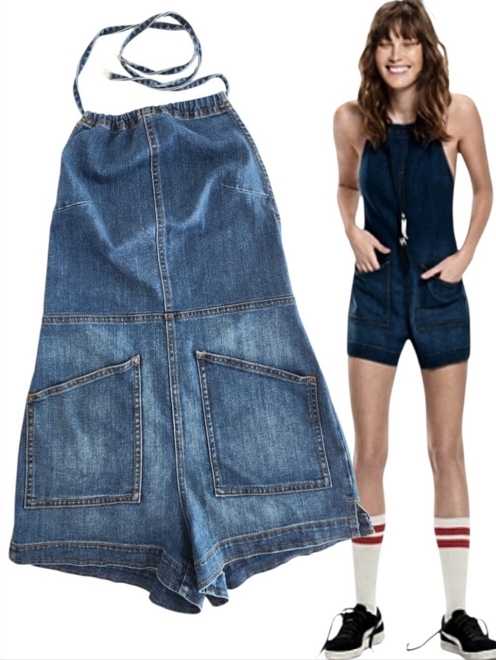 Rare Free People Denim Halter One Piece Romper Blue Jean 6/S Jumpsuit Shortalls